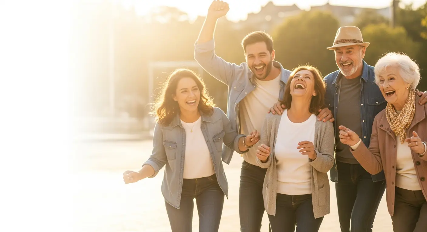 A joyful multigenerational group laughing together outdoors.