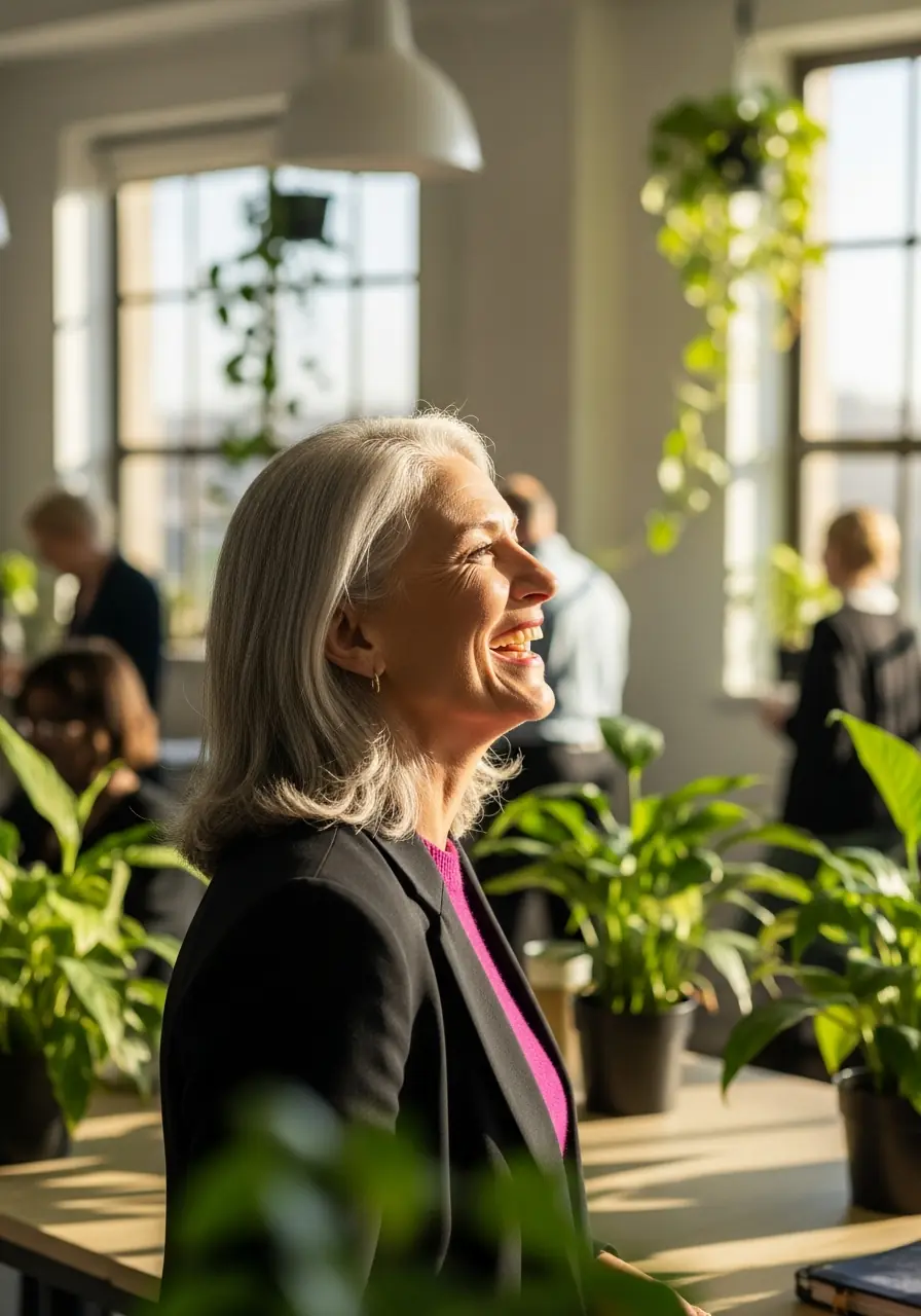 An active woman in her late sixties laughing in a bright, plant-filled modern workspace.